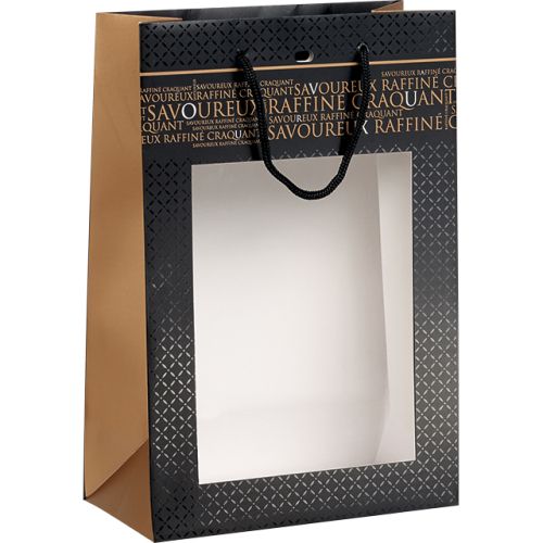 Подаръчна хартиена торбичка "Savoureux" черен печат, с PVC "прозорец", 20x10x29 см, SB312S