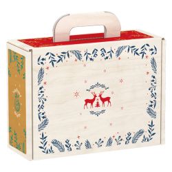 Suitcase Rectangular Cardboard "Bonnes Fêtes" Wood effect/Red/Green/Gold, 