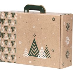 Cardboard rectangular briefcase box, "MERRY CHRISTMAS", kraft/green/white, 34.2x25.5x11.5 cm, CV045M