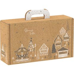 Cardboard rectangular briefcase box, "BONNES FÊTES" kraft/grey/white, 25x18.5x9.5 cm, CV036S