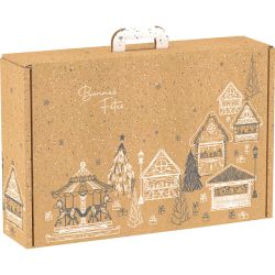 Cardboard rectangular briefcase box, "BONNES FÊTES" kraft/grey/white, 54x36x12.5 cm, CV036E