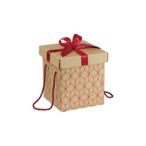 Квадратна кутия от Крафт картон с червена сатенена панделка и дръжки 18,5x18,5x19,5cm, CP135PR