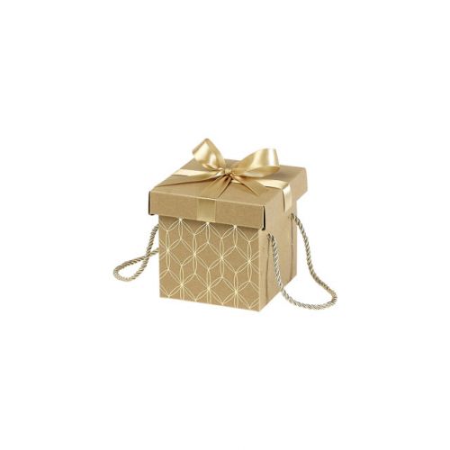 Квадратна кутия от Крафт картон със златна сатенена панделка и дръжки  12,5x12,5x12 cm, CP125SOR