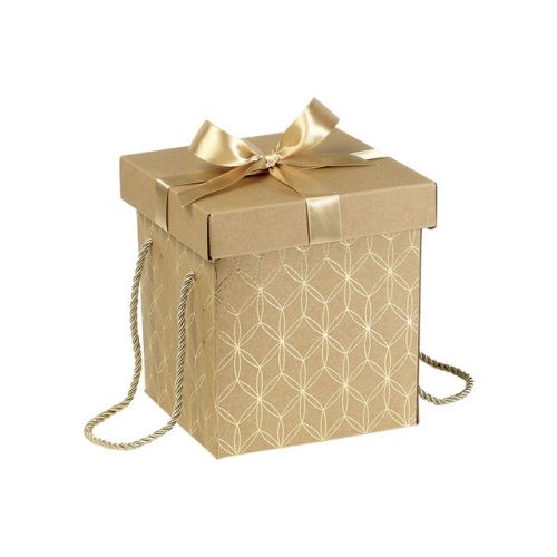 Квадратна кутия от Крафт картон със златна сатенена панделка и дръжки 18,5x18,5x19,5cm, CP125POR