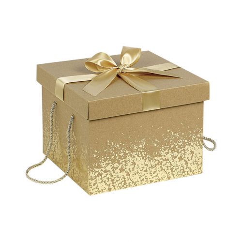 Квадратна кутия от Крафт картон със златна сатенена панделка и дръжки 27x27x20cm, CP115GOR