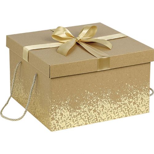 Квадратна кутия от Крафт картон със златна сатенена панделка и дръжки 34x34x20cm, CP115EOR