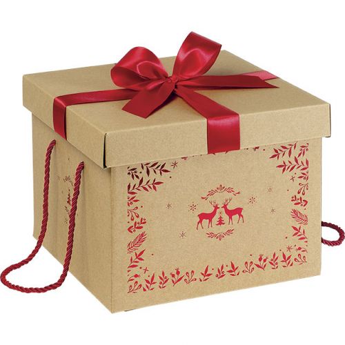 Квадратна кутия от крафт картон с червена сатенена панделка и дръжки, 27x27x20 см, CP105GR