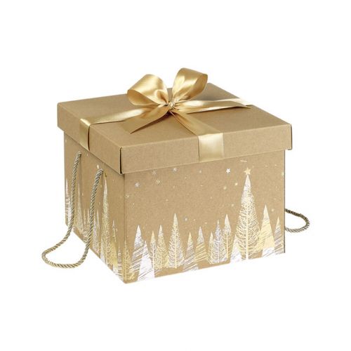 Box Cardboard Square Kraft Christmas trees Gold/White Gold satin bow Golden cord  27x27x20cm, CP100GOW