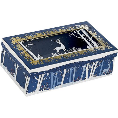 Box Cardboard Rectangular Blue/White/Hot gliding gold PET window Forest/Reindeer  33x21x12cm, BF230M