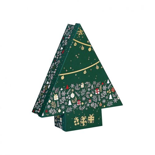 Box Cardboard Christmas tree shape Green/White/Red/Hot gliding gold "Bonnes Fêtes"  30,2x25,8x8cm, BF206P