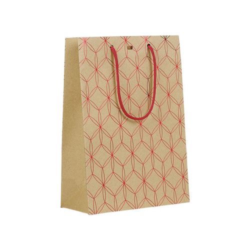 Хартиена Крафт торбичка / с червени дръжки и геометрични кръгове 20x10x29cm, SB141S