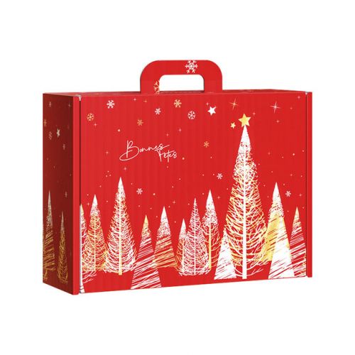 Case Rectangular Cardboard, Bonnes Fêtes fir / red / white / gold, 25x18.5x9.5 cm, CV023S