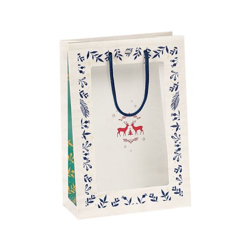 Хартиена торбичка "Bonnes Fêtes", с PVC "прозорец", със сини дръжки 20x10x29 cm, SB081S
