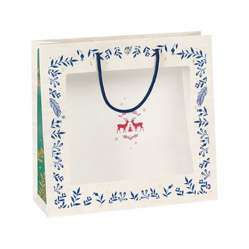 Хартиена торбичка "Bonnes Fêtes", с PVC "прозорец", със сини дръжки 35x13x33 cm, SB084G