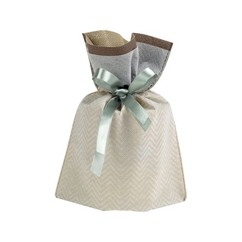 Bag Non-woven polypropylene brown / beige / green satin ribbon / label 20x30cm, SC045S