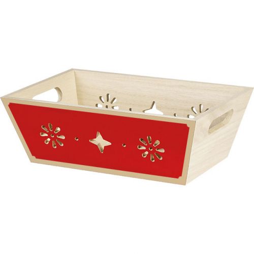 Tray rectangular Wood, in  natural/red color, laser cut, handles 35x25x9cm, B083MR