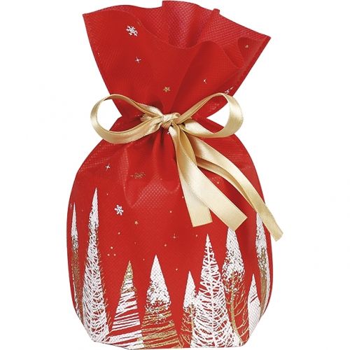 Bag Polypropylene, non-woven, red / white / gold, fir gold satin ribbon / label, 20x30 cm, SC051S