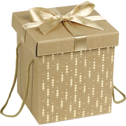 Картонена крафт кутия с капак, панделка, дръжки и златни мотиви, 18x18x19.5 cm, CP120POR