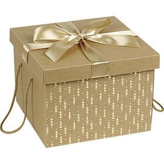 Картонена крафт кутия с капак, панделка, дръжки и златни мотиви, 27x27x20 cm, CP120GOR