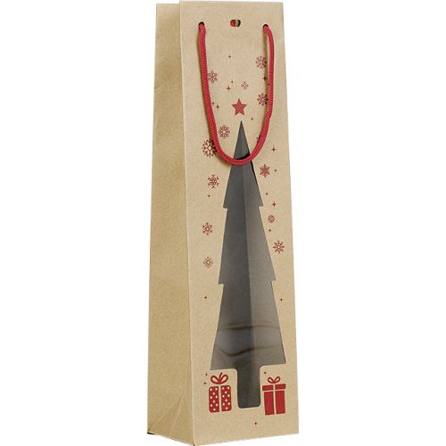 Коледна торбичка от Крафт хартия за 1 бутилка, ПВЦ "прозорец" елха, 11x9x39 см, SB107-1B