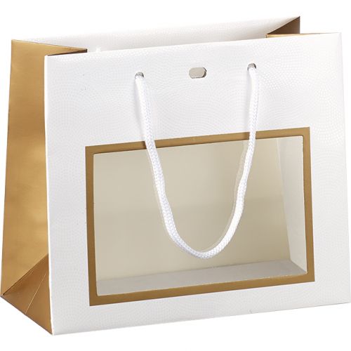 Хартиена торбичка бяла/медна/UV печат, с PVC "прозорец", с бели дръжки, 20x10x17 см, SB200XS