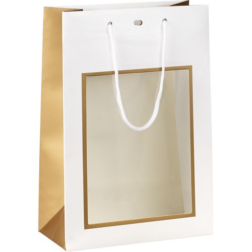 Хартиена торбичка бяла/медна/UV печат, с PVC "прозорец", с бели дръжки, 20x10x29 см, SB201S