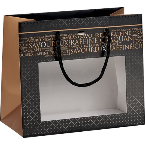 Bag paper Savoureux black/copper PET window handles rope eyelet, 20x10x17 cm, SB311XS