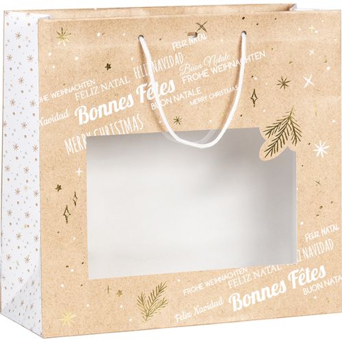 Bag paper Bonnes fêtes kraft/white/gold hot foil stamping PET window white cord handles eyelet, 35x13x33 cm, SB293G