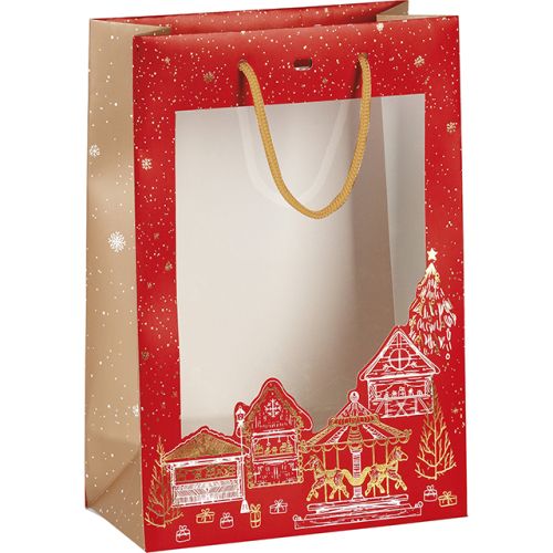 Подаръчна хартиена торбичка "Bonnes Fêtes" червен/златен печат, с PVC "прозорец", 20x10x29 см, SB341S