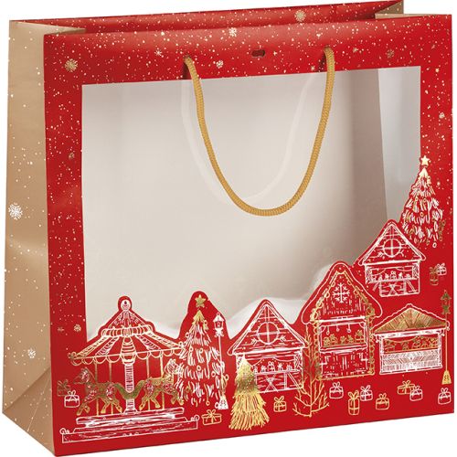 Подаръчна хартиена торбичка "Bonnes Fêtes" червен/златен печат, с PVC "прозорец", 35x13x33 см, SB343G