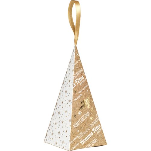 Хартиена пирамидална торбичка, крафт/бяло/златно "Bonnes Fêtes" печат със сатенена панделка, 17.5x8x8 см, SB209XS