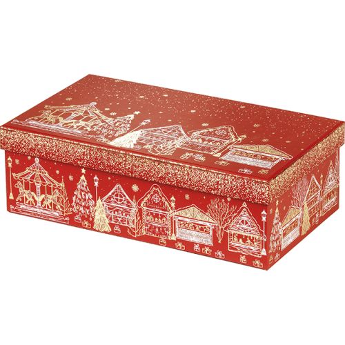 Правоъгълна картонена кутия, "Bonnes Fêtes" топъл печат червено/бяло/златно с коледен мотив, 31.5x18x10 см, BF440P