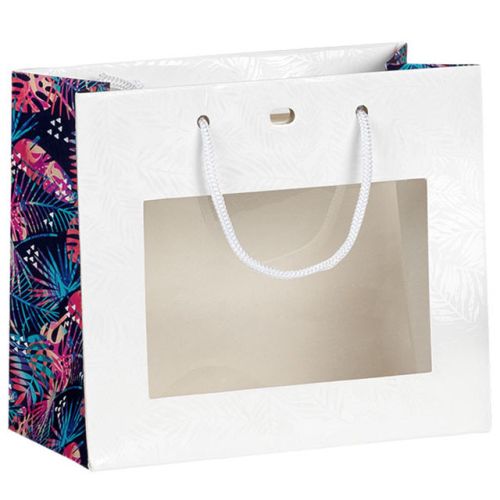 Bag paper white/UV printing/tropical PET window white cord handles eyelet, 20x10x17 cm, SB450XS