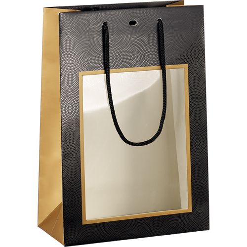 Хартиена торбичка черна/медна/UV печат, с PVC "прозорец", 20x10x29 см, SB191S
