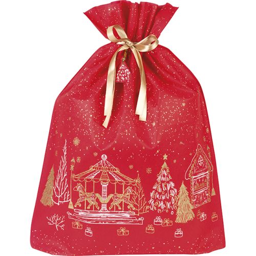 Bag polypropylene non-woven red/white/gold chalets gold satin ribbon gift tag, 50x70 cm, SC085G