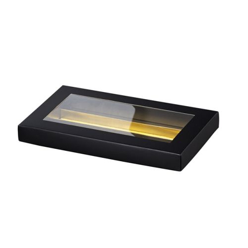 Кутия картонена правоъгълна за  шоколадови бонбони, PET прозорец, черно/златно
