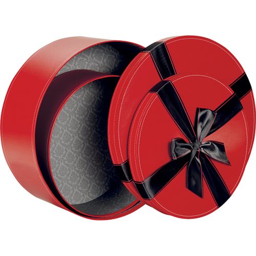 Box of cardboard round red/black satin ribbon; Dimensions in cm: D25.5x10; ND101P