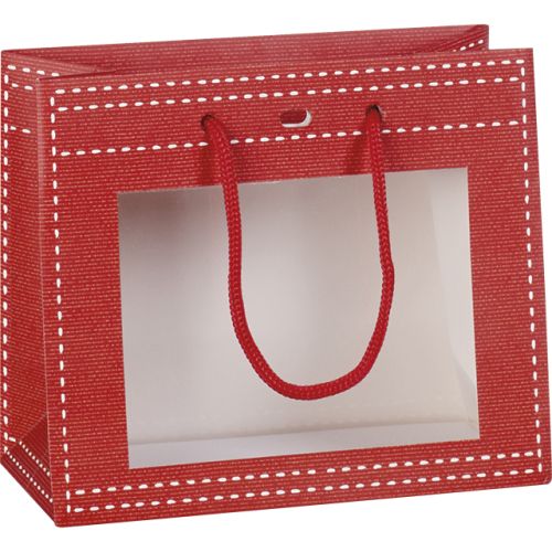 Подаръчна хартиена торбичка, червена с PVC "прозорец" 20x10x17 см, SB010XSR