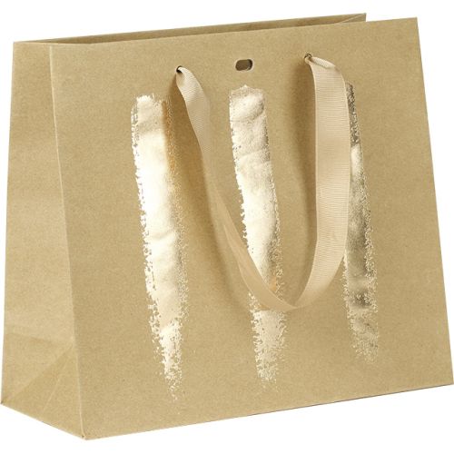 Подаръчна хартиена торбичка крафт/златно, сатенени дръжки, 25х10х22см, SB022P