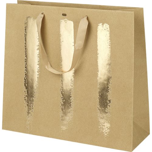 Подаръчна хартиена торбичка крафт/златно, сатенени дръжки, 35х13х33см, SB023G