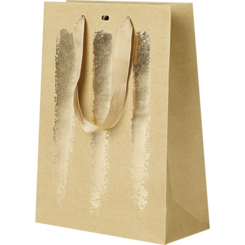 Подаръчна хартиена торбичка крафт/златно, сатенени дръжки, 20х10х29см, SB025M