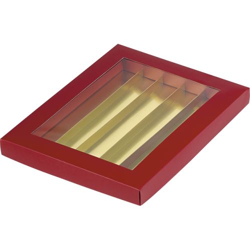 Кутия картонена правоъгълна за  шоколадови бонбони, PET прозорец, червено/златно, PC168M