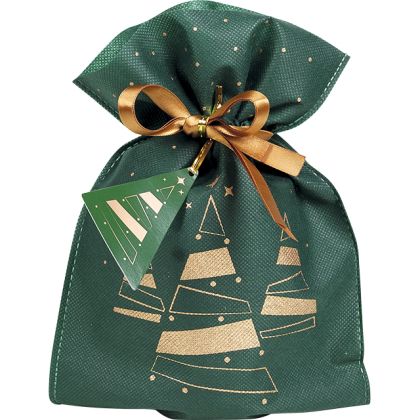 Bag polypropylene non-woven green/white/gold Christmas tree gold satin ribbon gift tag, 33x55 см, SC091P