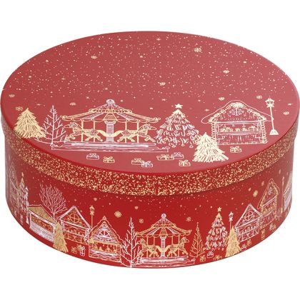 Box cardboard round red/gold hot foil stamping Bonnes Fêtes