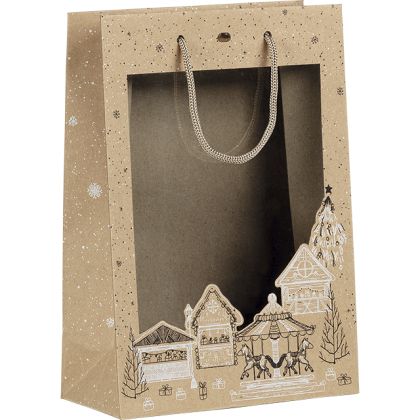 Подаръчна хартиена торбичка "Bonnes Fêtes" крафт/черно/бяло, с PVC "прозорец", 20x10x29 см, SB541S