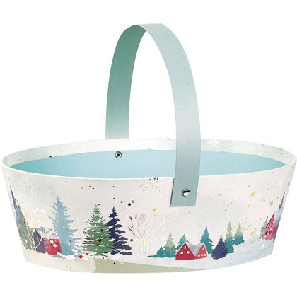 Cardboard Oval Basket, "SNOWY COUNTRY" Hot Stamping, With Retractable Handle, 25x19x8cm, BF482