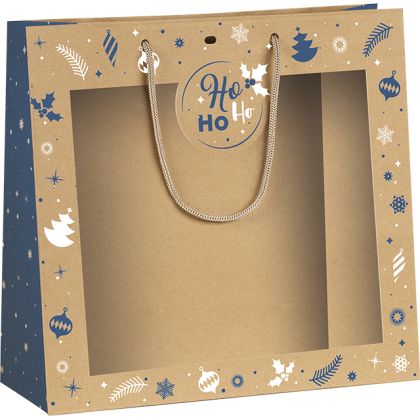 Kraft paper bag "WINTER FESTIVITIES", blue/white, PET "window", 35x13x33 cm, SB773G