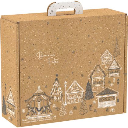 Cardboard rectangular briefcase box, "BONNES FÊTES" kraft/grey/white, 38.4x32.5x11.5 cm, CV036G