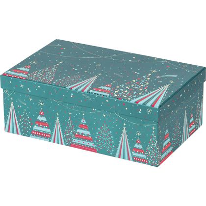 Rectangular cardboard box, "Bonnes Fêtes" warm print blue/red/gold with Christmas motif, 31.5 x 18 x 10 cm, BF460P