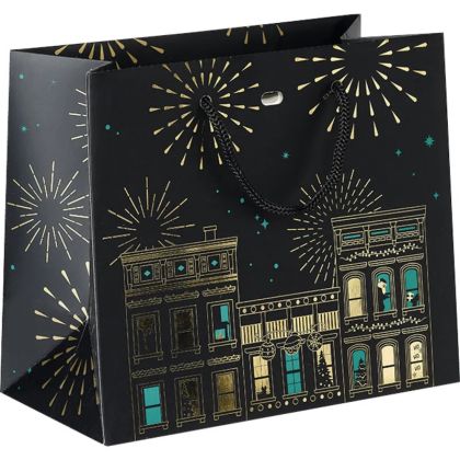 Хартиена торбичка FESTIVE CITY, черно/зелено/златно топъл печат 20.0 x 10.0 x 17.0 cm, SB1050XS
